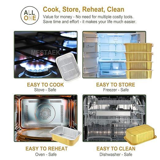 6"x 4" Sturdy Aluminum Foil Pans + Lids (5 Pack), 2X Thicker Heavy Duty for Oven, Grill, Microwavable Cooking Baking, Reusable Freezable Dishwasherable Disposable Tin Pot Container 25oz