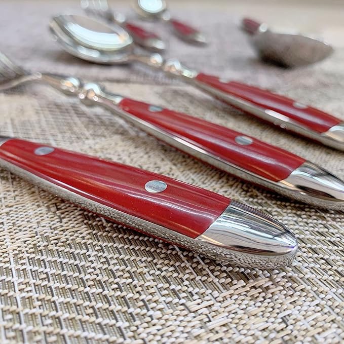 IKXO 16 Pieces Red Gum Wood Handle Silverware Set for 4, Exquisite Ergonomic Flatware Set Food-Grade Stainless Steel Cutlery Set, Tableware Eating Utensils, Mirror Finished, Dishwasher Safe…