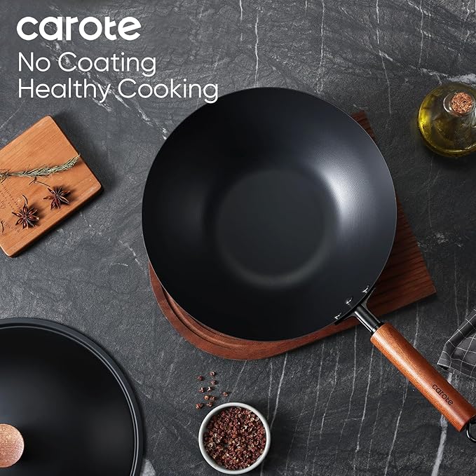 CAROTE 12" Carbon Steel Wok Pan, 4.5QT Woks & Stir-fry Pans, No Chemical Coated Pre-Seasoned Flat Bottom Wok with Lid for Stir Fry, BBQ, Grill & Camping, All Stovetop Compatible, Black