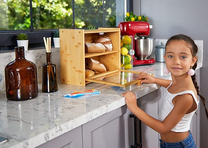 RoyalHouse Premium Bamboo Double Layer Bread Box With Clear Window, Bread Storage And Organizer for Kitchen Countertop, Bread Container, Assembly Required