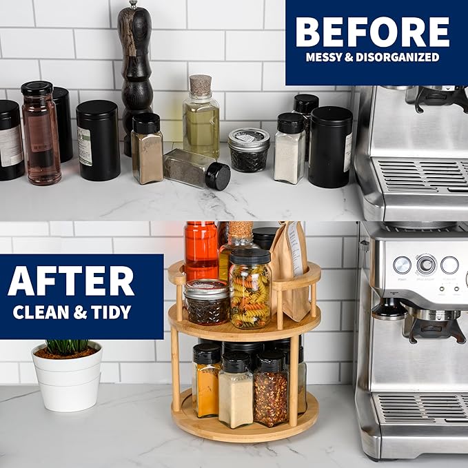 Wooden Rotating Spice Rack - 2 Tier Lazy Susan Turntable Spice Organizer for Countertop & Pantry - Portable & Space-Saving Rotating Storage Rack for Kitchen with 360° Rotating Feature