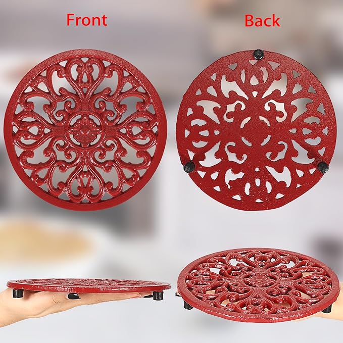 Sumnacon Cast Iron Trivet 6.7 Inch Iron Trivet for Hot Dish Pot Pan Plate Teapot,Heat Resistant Cast Iron Trivets with Rubber Feets for Kitchen Dining Table Cooktop Stove,Retro Red