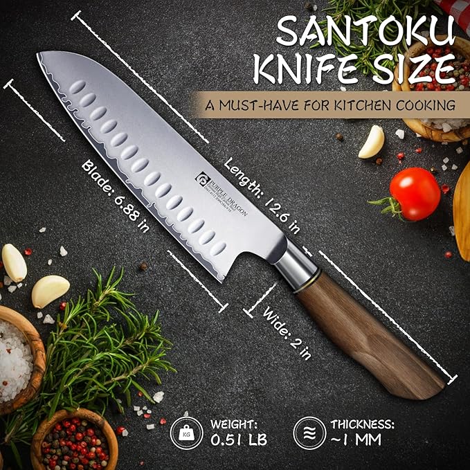 Purple Dragon Santoku Knife 7 Inch Japanese Chef Knife for Chopping Meat Cutting Vegetables, German Vg10 Steel Blade, Ergonomic Wooden Handle Christmas Gift for Men and Women