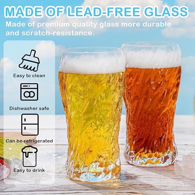 Tall Beer Glasses, Set of 8 Hammered Glass Cups, highball glasses, 17oz Tumbler Drinking Glass Set, Cocktail Drinking Glasses, Water Cups, Bar Glassware, Juice, Iced Tea, Margarita