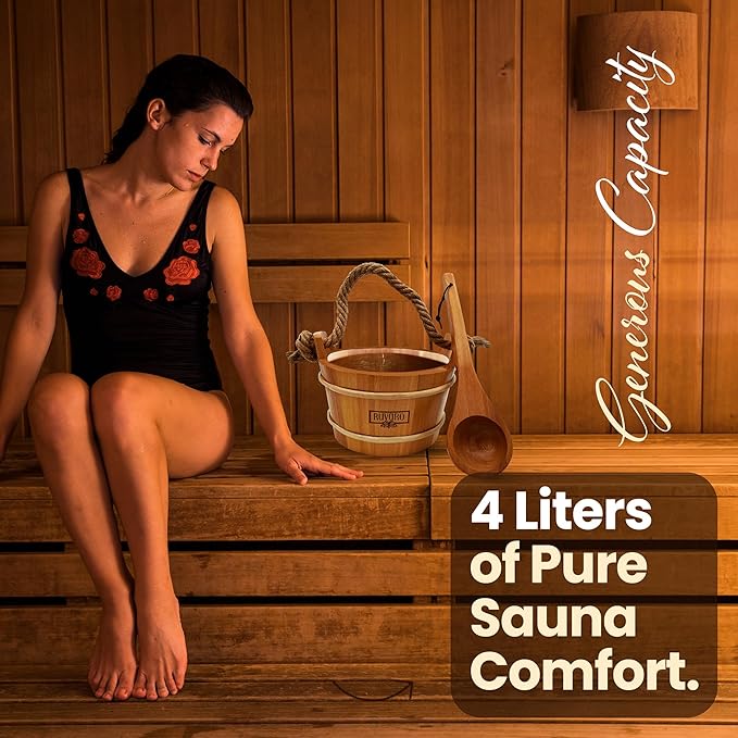Sauna Bucket and Ladle Set – Handcrafted from Canadian Red Cedar Wood – 1 Gallon (4Liters) Water Capacity – Leakproof Liner – Natural Rope Handle - Luxury Sauna Accessories Set