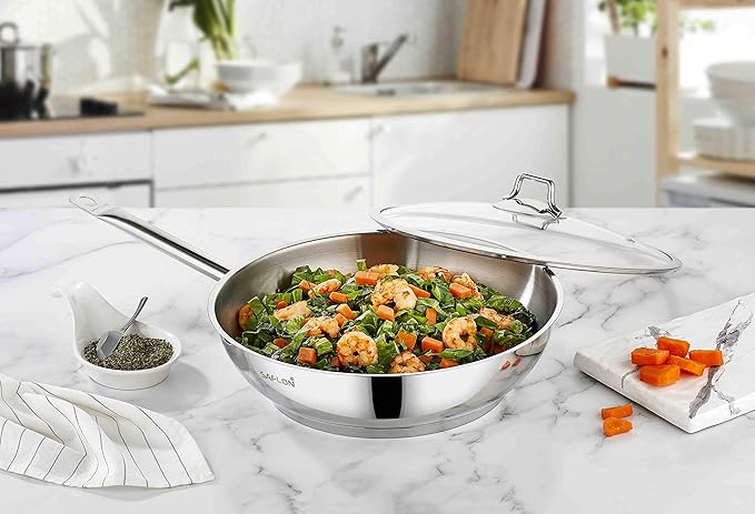 SAFLON Stainless Steel Tri-Ply Capsulated Bottom 12 Inch Stir Fry Pan with Glass Lid, Induction Ready, Oven and Dishwasher Safe