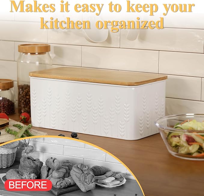 Large Bread Box for Kitchen Countertop Corner Breadbox for Homemade Bread Metal White Ear of Wheat Pattern Embossed Bread Storage Container Bin with Bamboo Lid