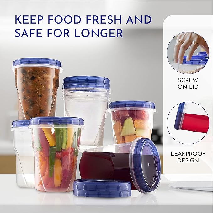 Freezer Soup Food Storage Containers With Screw On lids [32 Oz - 10 Pack] Reusable Plastic Food Freezer Safe Container, leak proof, Airtight, Stackable, Microwave, BPA Free