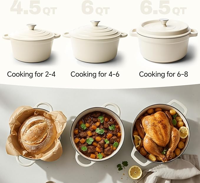 6 Quart Dutch Oven Pot with Lid, Non Stick Enameled Cast Iron Dutch Oven for Bread Baking, Heavy-Duty, Oven Safe Ceramic Cookware Up to 500°F for Baking, Braising, Stews, Roasting, Beige