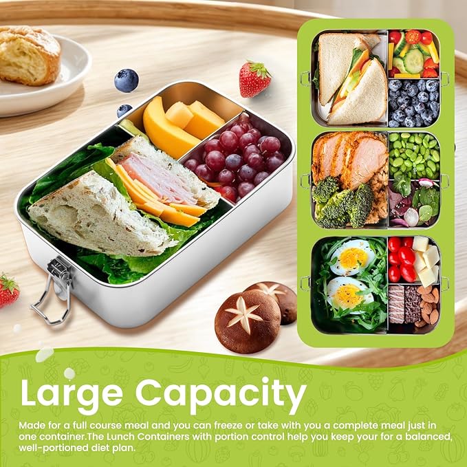 Stainless Steel Bento Lunch Box 1500ML,3 Compartment Metal Bento Lunch Boxes with 100ml Leak-proof Condiment Container,Metal Food Storage for Work Adults