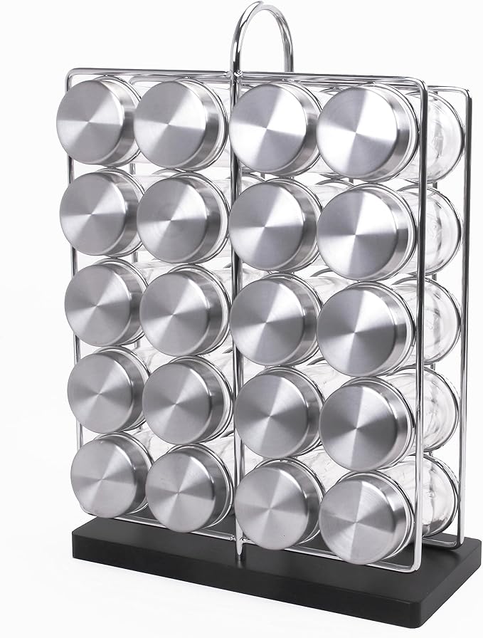 Orii 20 Jar Chrome Wire Spice Rack with Bamboo Base | Includes SS Funnel | 160 Preprinted + 20 Blank Spice Labels Included | Compact and Minimalistic Kitchen Pantry Spice Organizer Rack