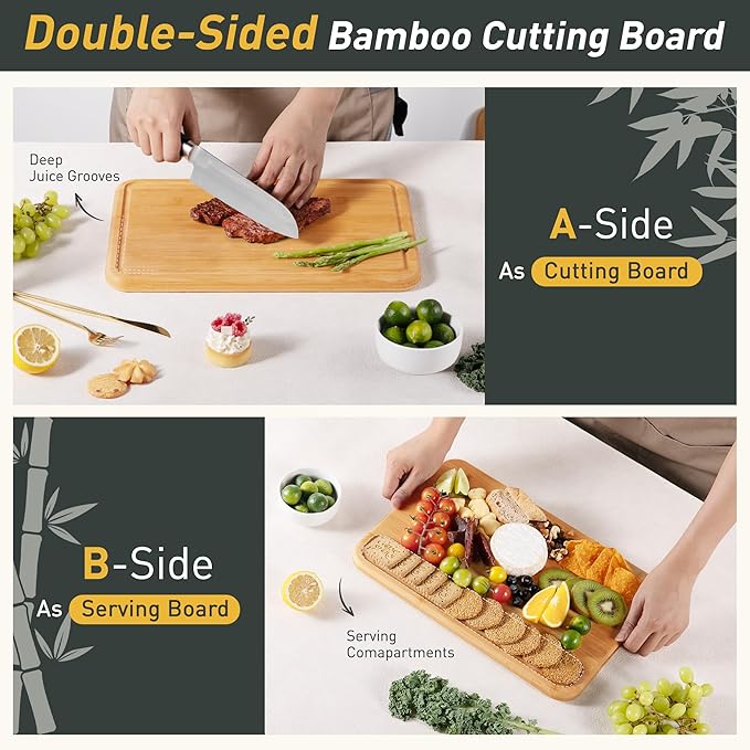 Extra Large Bamboo Board Charcuterie Wooden Cutting Chopping Board Butcher Block Nice Solid Thick Juice Groove Big Xl XXl xlarge Hardwood Kitchen Counter Organic Meat BBQ Kit(19.5" x 14" x 0.8")