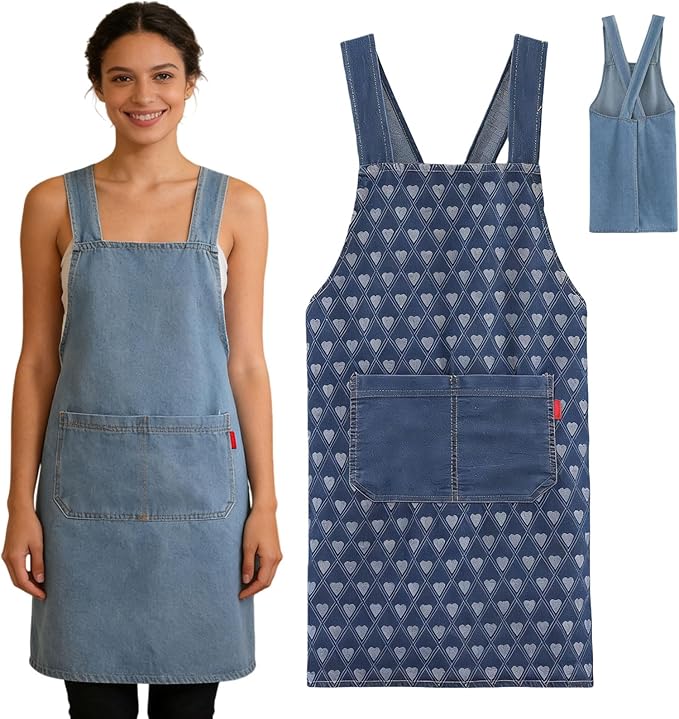 2026 New Adult Jour Apron - Lightweight Cotton Apron with Front Pocket, Cross-Back Jean Kitchen Aprons for Women Men