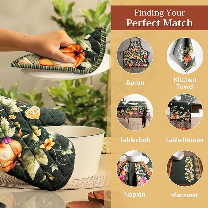 Maison d' Hermine Pot Holders 100% Cotton Heat Resistant Potholders 8" x 8" Hot Pads with Loop for Thanksgiving Christmas Decorations Baking Handling Hot Pans (Pack of 1, Pumpkin Garden - Dark Green)