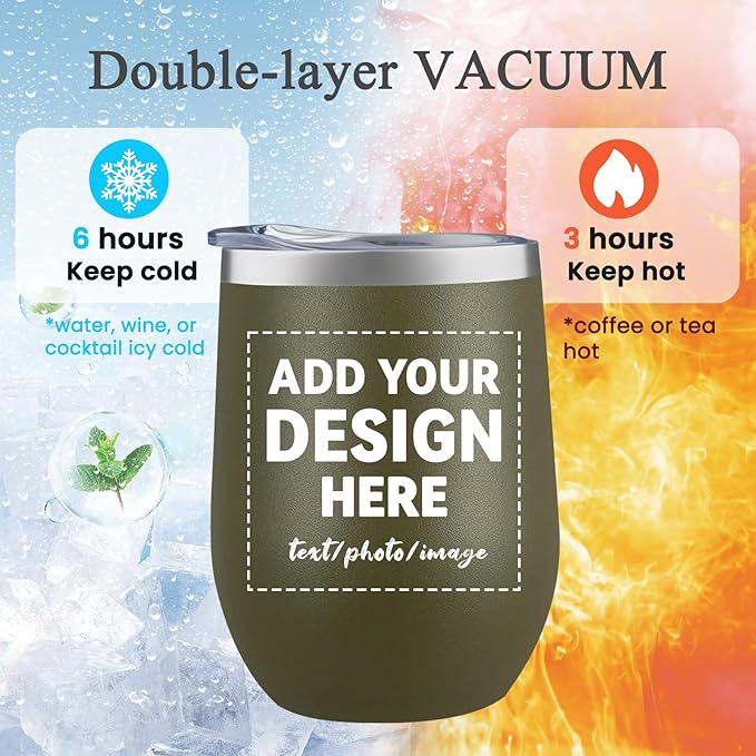MEWAY Personalized Custom 12oz Wine Tumbler with Lid, Insulated Double Wall Vacuum Travel Tumbler Gifts with Text Photo Logo (Army green, 1pack)