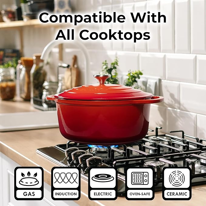 Zulay Kitchen 7.7 Quart Enameled Cast Iron Dutch Oven Pot with Lid – Premium Durability & Oven Safe up to 500°F – Heavy Duty Cookware Perfect for Bread Baking, Stews, Braising & Roasting – Orange