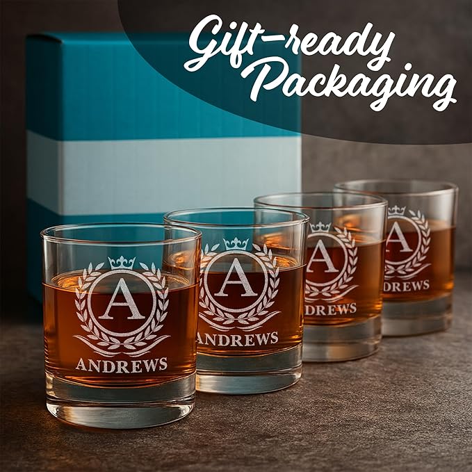 On The Rox Drinks Personalized Whiskey, Bourbon Glass Gifts for Men - 11 oz Engraved Name Monogram Scotch Tumbler Set of 4 - Customized Cocktail, Rocks, Brandy Glass