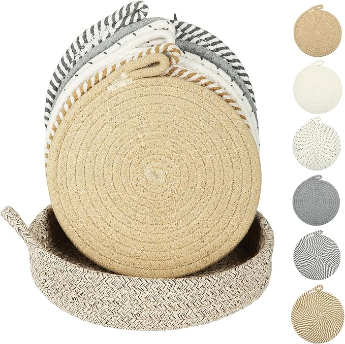 Hot Pads for Quartz Countertops with Storage Basket | 6-Pack 8-Inch Cotton Trivets for Hot Dishes & Pots | Machine Washable Farmhouse Kitchen Decor