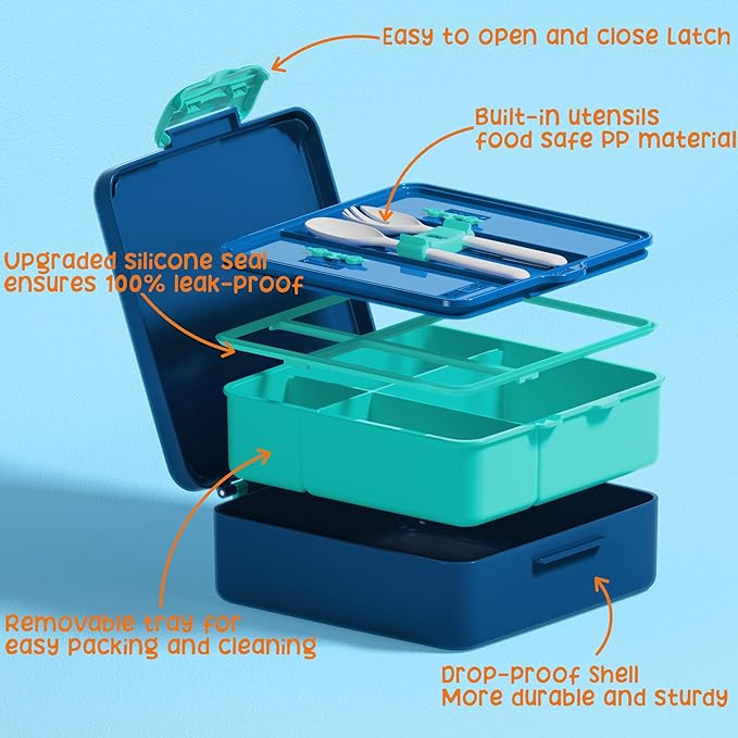 Fimibuke Bento Lunch Box for Kids, Leak Proof Toddler Bento Box with 4 Compartments BPA Free Dishwasher Safe Lunch Container with Utensils, Ideal Portion Sizes for Ages 3-12 Girls Boys for School