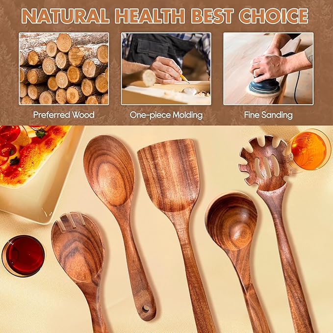 5Pcs Wooden Cooking Utensils Set, Natural Acacia Wood Utensils Set for Cooking, Non-Stick Wooden Kitchen Utensils Set, Heat-Resistant Kitchen Tool Set with Wooden Spoon, Spatula, Ladle, Pasta Server