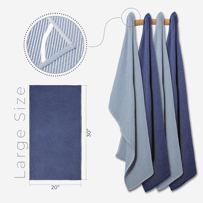 Decorative Tea Towels Set - 4 Pack, (20" x 30") - Large & Flour Sack - Versatile as, Kitchen Tea Towels, Decorative Dish Towels, Kitchen Hand Towels, Soft Kitchen Towels, Light and Navy Blue