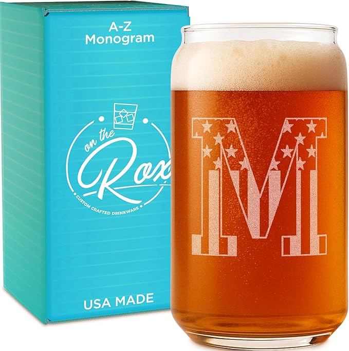 Monogram Beer Glasses for Men (A-Z) 16 oz - Beer Gifts for Men Brother Son Dad Neighbor - Unique Gifts for Him - Personalized Drinking Gift Beer Glass Mugs - Engraved Beer Can Glass (M)