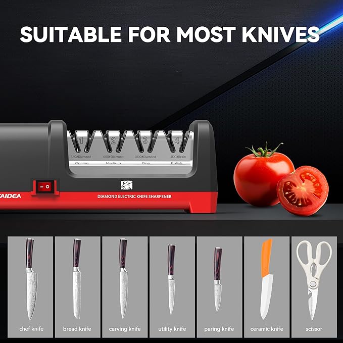 Electric Knife Sharpener, Professional Kitchen 4-Stage Knife Sharpening Kit, 3 Stage 100% Diamond Abrasive, Resin Polishing, 20° Precision Angle for Straight, Serrated Ceramic Knives