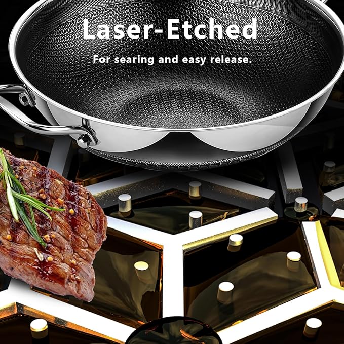Hybrid 12 Inch Wok Pan with Lid, 5QT Stainless Steel Deep Woks & Stir-fry Pans with Flat Bottom, Stay-Cool Handle, Induction & Dishwasher & Oven Safe, Non Toxic, PFOA Free Skillet Cookware