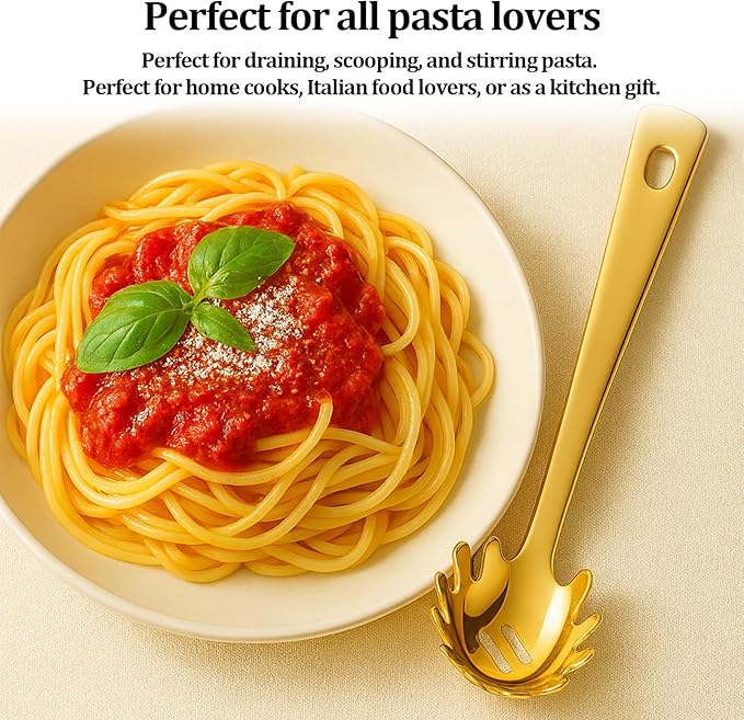 Stainless Steel Pasta Spoon with Teeth Pasta Server & Spaghetti Spoon with Drain Holes for Noodles, Pasta, Cooking & Serving (Gold)