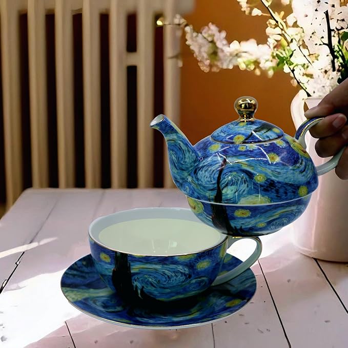 Porcelain 13 OZ Tea for One Teapot and Cup Set Vintage Floral Ceramic Tea Set European Style Tea pot and Saucer Set (Starry Sky)