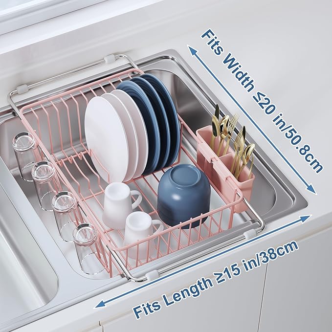 Over the Sink Expandable Dish Drainer Drying Rack In Stainless Steel for Small Kitchen, Counter Space Saving Compact Metal Above Plate Dryer Strainer, Pink Adjustable Hanging Inside Drain Holder