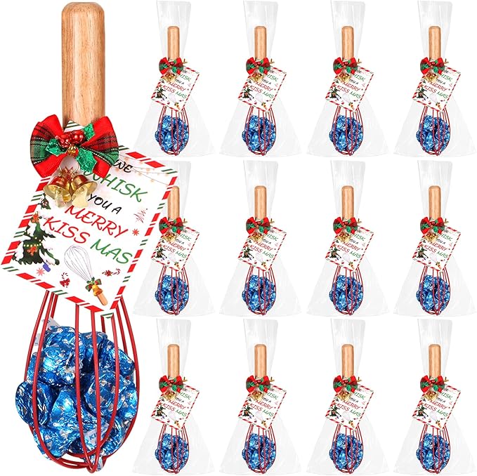 12 Sets Christmas Whisk Gifts DIY Fillable Christmas Whisk Baking Supplies Includes Stainless Steel Whisks, Greeting Cards, Ribbons, Plastic Bags for Employee Cooking Supplies Xmas Stocking Stuffers