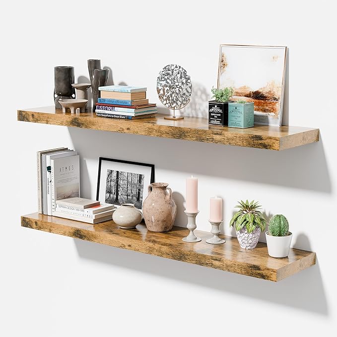 55 Inch Long Floating Shelves for Wall, Rustic Brown 12 in Deep Floating Shelves, Fireplace Mantel with Invisible Metal Bracket, Large Wall Mounted Shelves for Living Room, Bedroom, Set of 2