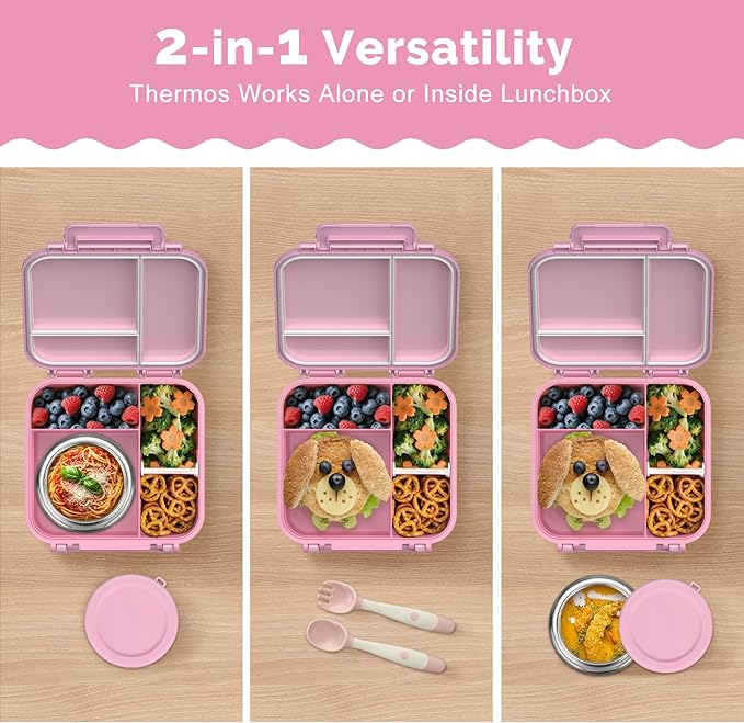 Bento Box for Kids with Soup Thermos(9oz)– Kid Bento Lunch Box with Leak Proof Insulated Food Jar, Hot & Cold Lunch Container Set for School Girls Boys, 4-Compartments, Dishwasher Safe, Pink