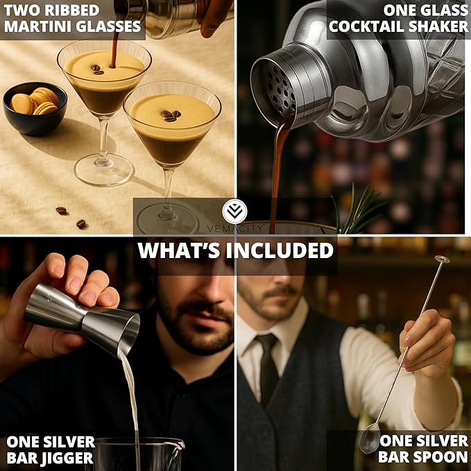 VEMACITY - Silver Luxury Home Mixology Cocktail Shaker Set with Silver Accessories + 2 Ribbed Espresso Martini Glasses - Glass Shaker with Built-In Strainer | Ideal for Christmas & New Years