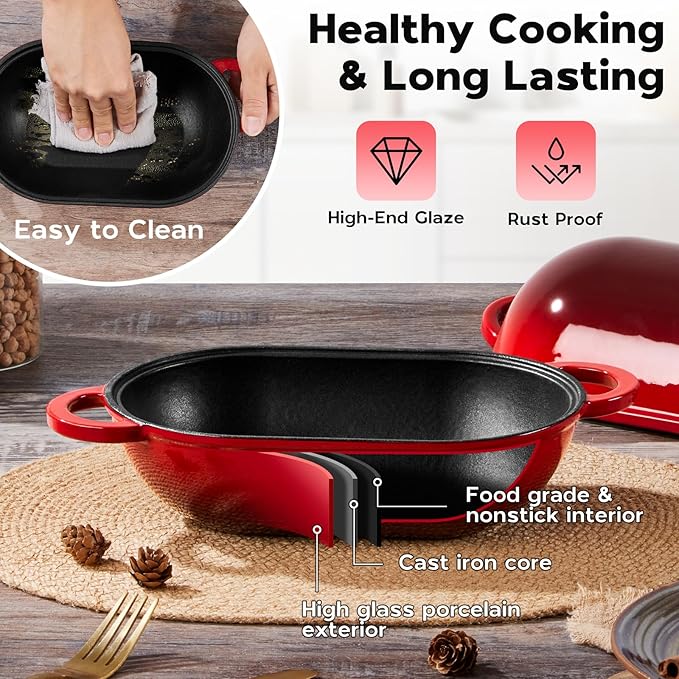 Onader Enameled Cast Iron Dutch Oven, 2.8QT Dutch Oven Pot with Lid for Sourdough Bread Baking, Oval Meatloaf Pan, Heavy Duty - Red