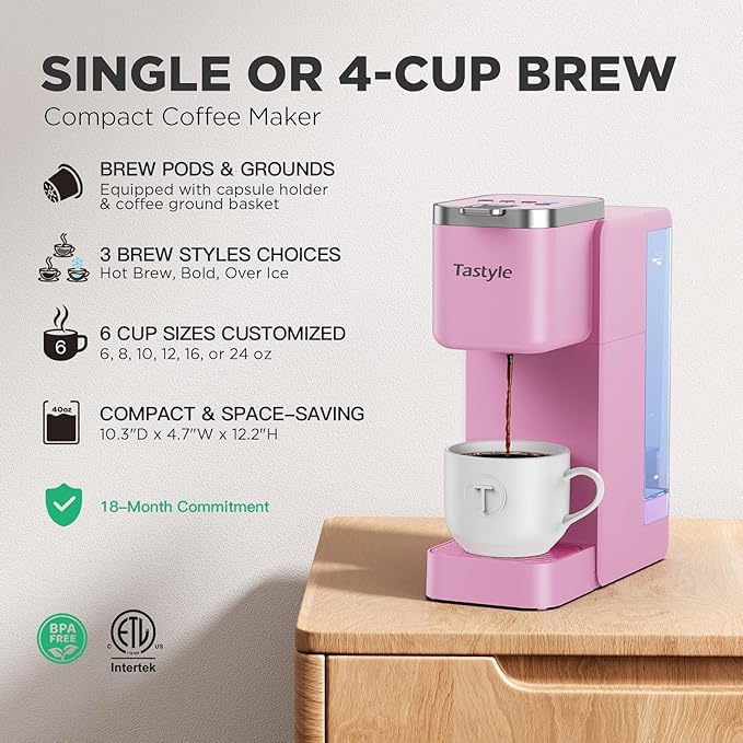 Single Serve Coffee Maker, Iced and Hot Coffee Machine for K Cup & Grounds, Compact Design, 40oz Removable Water Reservoir, 6 to 24 Oz Brew Sizes, Fits 7.3" Travel Mug, Pink