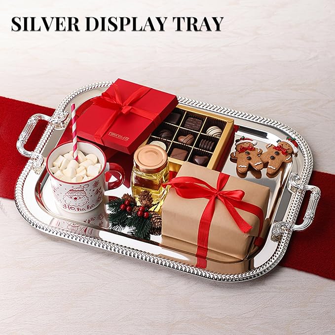 18.5"x14.5" Rectangular Silver Serving Tray with Handles, Beautiful Mirror Polished Finish, Lightweight Classic Metallic Decorative Silverplate Tray for Wedding Anniversary Birthday Holiday Gatherings