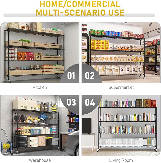 Karl home 4-Tier Adjustable Metal Storage Shelves, Wire Shelving Unit with Wheels & Leveling Feet, Heavy Duty Garage Shelving, Pantry & Kitchen Display Shelf Organizer, Home Storage Rack