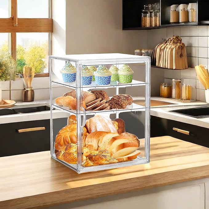 Bread Box for Kitchen Countertop Pastry Display Case 4 Layers Adjustable Clear Bread Storage Container with Magnetic Door Bread Box Bakery Display Case Bread Holder