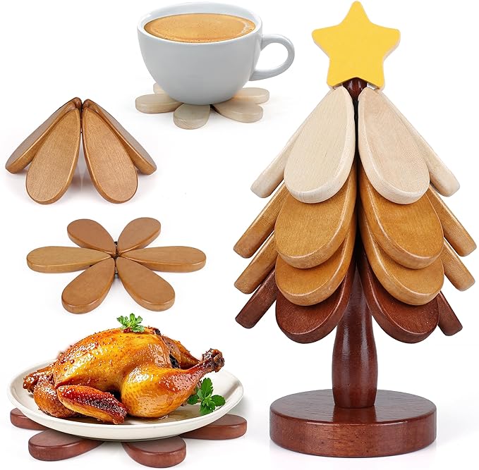 Christmas Tree Trivet Wooden Trivets for Hot Dishes, Tree Trivet Coasters Wooden Set of 4, Table Decor Coaster for Home and Restaurant
