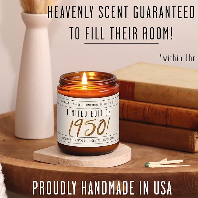 75th Birthday Gifts for Girls - 'Limited Edition 1950' Soy Candle, w/Champagne on Ice I 75 Birthday Gifts for Women I 75th Gift for Her Ideas I 9oz Reusable Jar, 50Hr Burn, Made in USA
