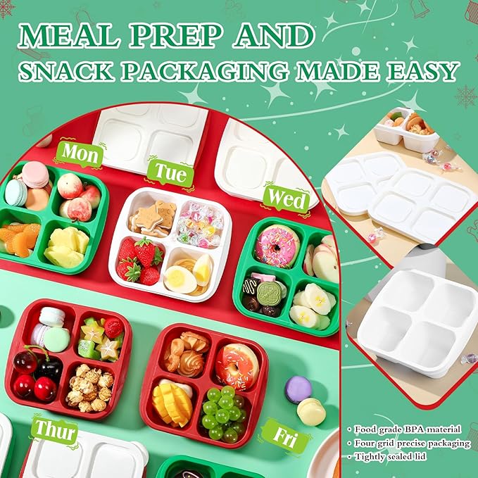 Honeydak 10 Pack Snack Container 4 Compartment Reusable Bento Snack Boxes Divided Lunchable Containers with Lids Meal Prep Lunch Food Storage Boxes for School Work Travel(Christmas Color)