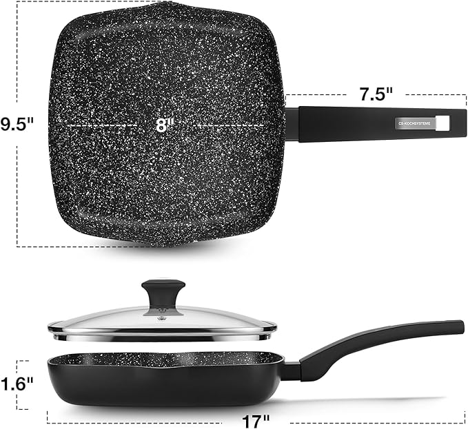 KOCH SYSTEME CS 9.5 Inch Nonstick Grill Pan for Stove Tops, Marble Coating Square Grill Skillet with Lid, Fry Pan Compatible with all Stoves, Ultimate Nonstick Skillet with Bakelite Handle, Toxic-Free