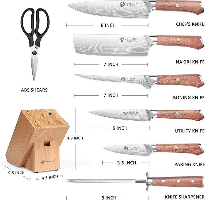 YOTSUBA Kitchen Knife Set with Block, High Carbon Stainless Steel Sharp Knife, with Gift Box (8 PCS Knife Set with block)
