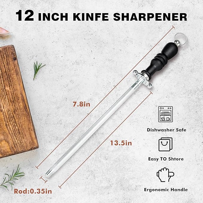 Knife Sharpener Rod, Kitchen Knives Sharpener Carbon Steel Professional Knife Sharpening Steel, Honing Rod with Hanging Holes (13 inches)