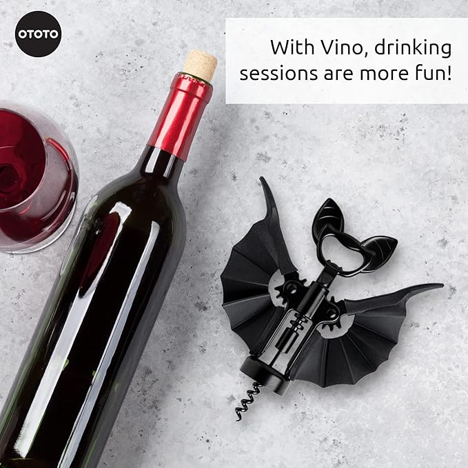 OTOTO Vino Spooky Bat 2-in-1 Wine & Beer Opener, Corkscrew & Bottle Opener - Goth Wine Accessories & Gifts for Wine Lovers