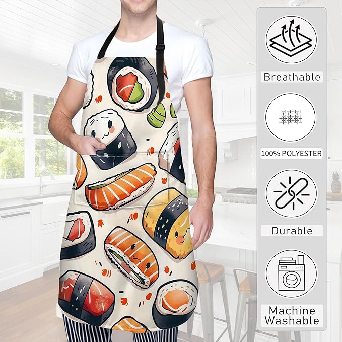 Sushi Apron,Oxford Fabric Adjustable Kitchen Apron with 2 Pockets,Waterproof Cooking Aprons for Men Women Mom Wife Dad,Ideal Gifts for Coffee House,Shop,Baking,BBQ,Housewarming,28x33in