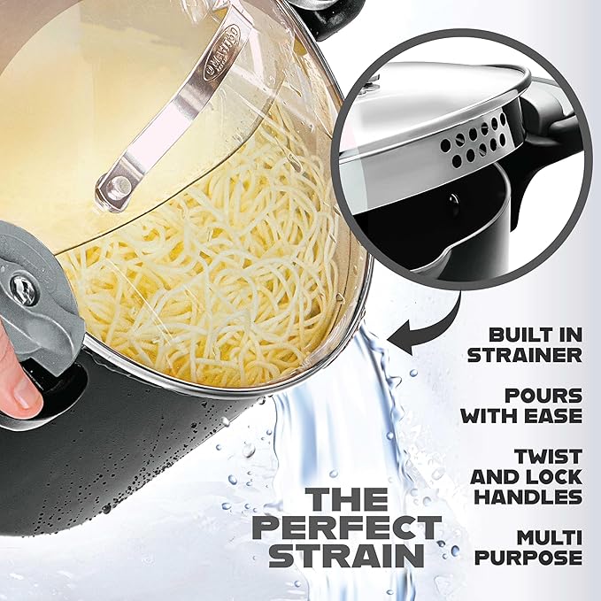 GOTHAM STEEL 5 Qt Ceramic Stock Pot Multipurpose Pasta Pot with Strainer Lid & Twist and Lock Handles, Perfect for Soup, Spaghetti, Rice, Dishwasher Safe - BLACK