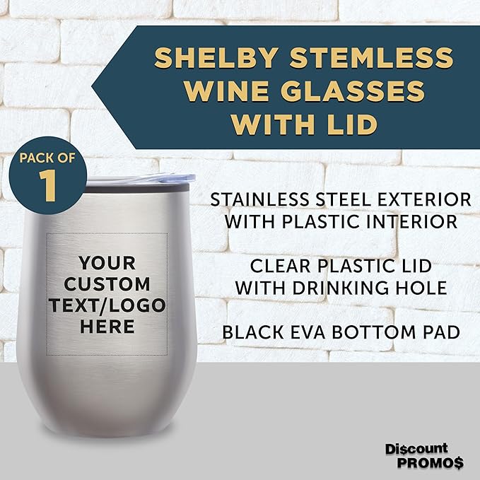 DISCOUNT PROMOS Custom Stemless Wine Tumblers 12 oz. Set of 1, Personalized Bulk Pack - Insulated, Perfect for Wine, Cocktails, Other Hot & Cold Beverages - Silver